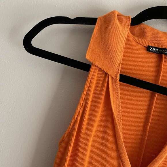 Zara Women S Orange Ribbed Sporty Sleeveless V-Neck Lapel Collar Skater Dress - Picture 6 of 9